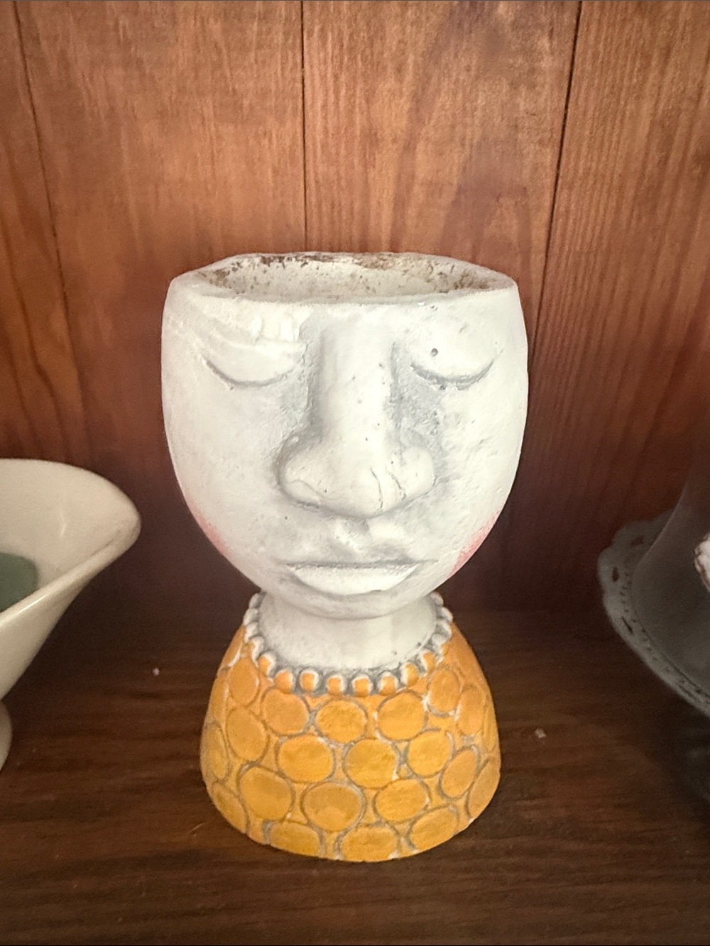 White Face Ceramic Planter with Yellow Patterned Base